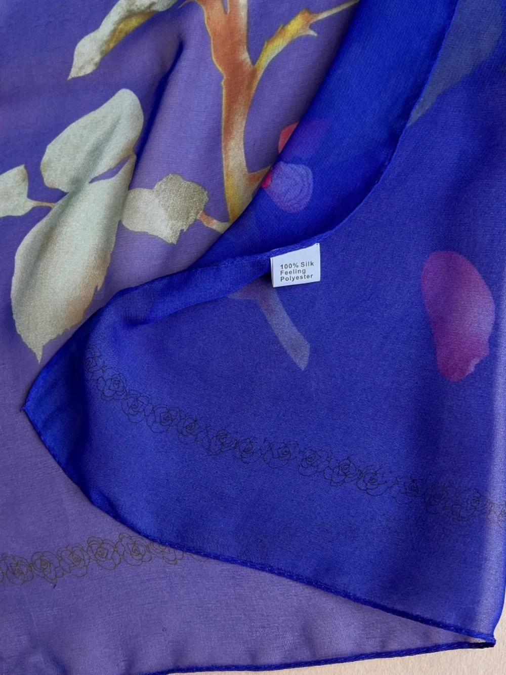 Vintage 1990s Royal Blue Long Scarf With Pink Rose